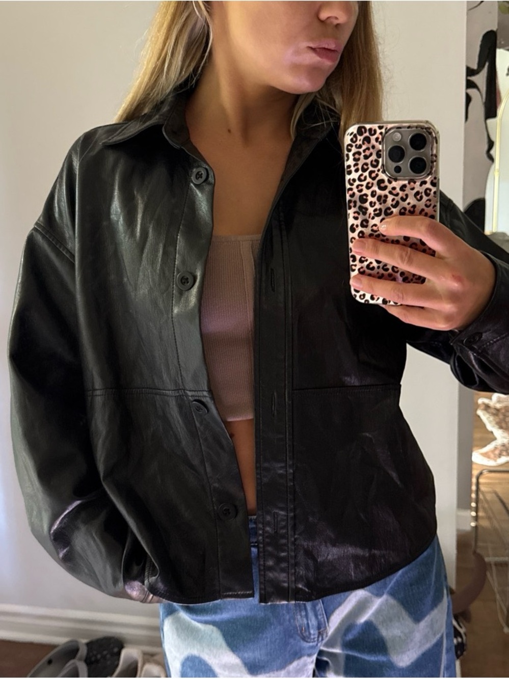 Babaton Black Leather Button-Front Jacket